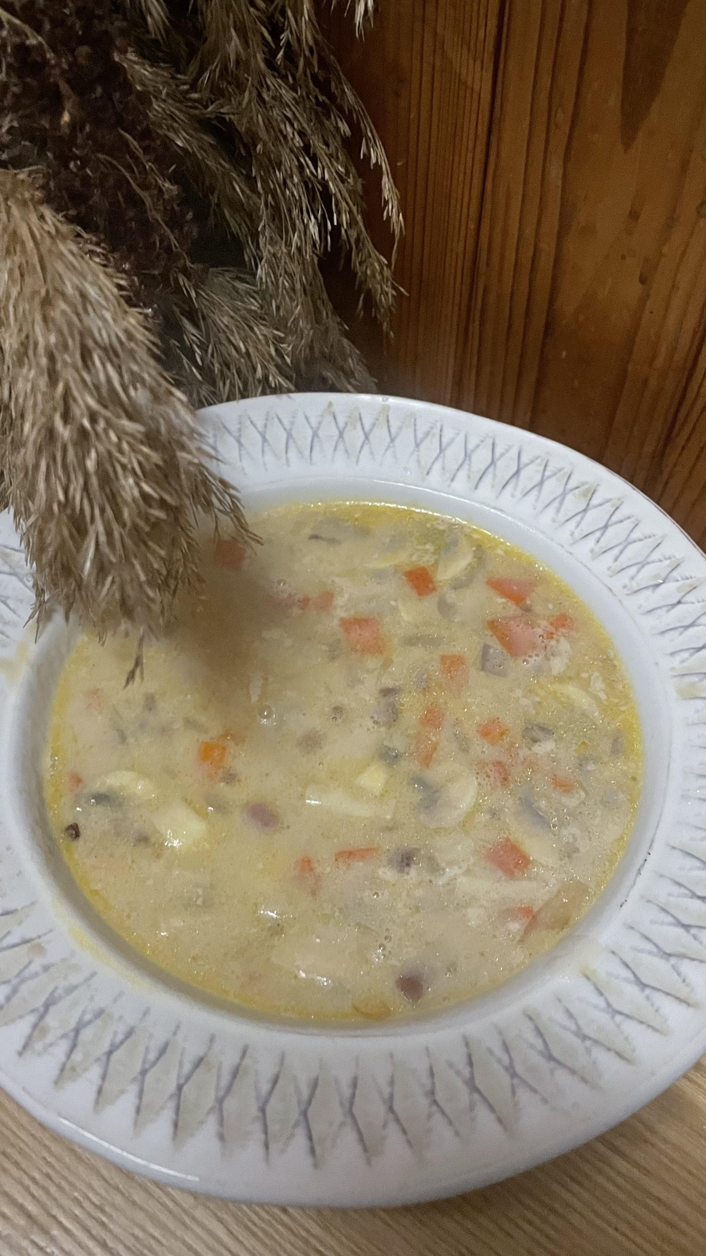 Сирний суп з кабаносами та грибами