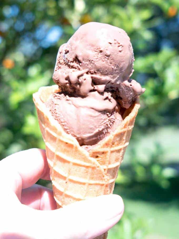 triple chocolate ice cream with waffle cones