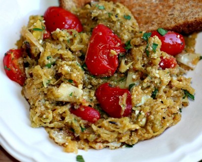 roasted spaghetti squash with artichokes, basil pesto and cherry tomatoes