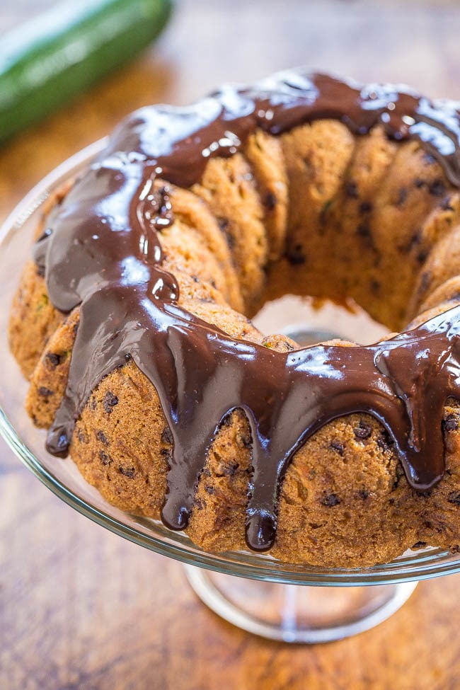 zucchini chocolate chip bundt cake with chocolate ganache